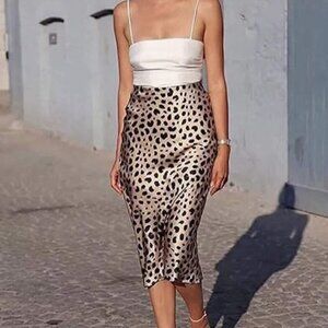 Leopard Print Satin Midi Skirt